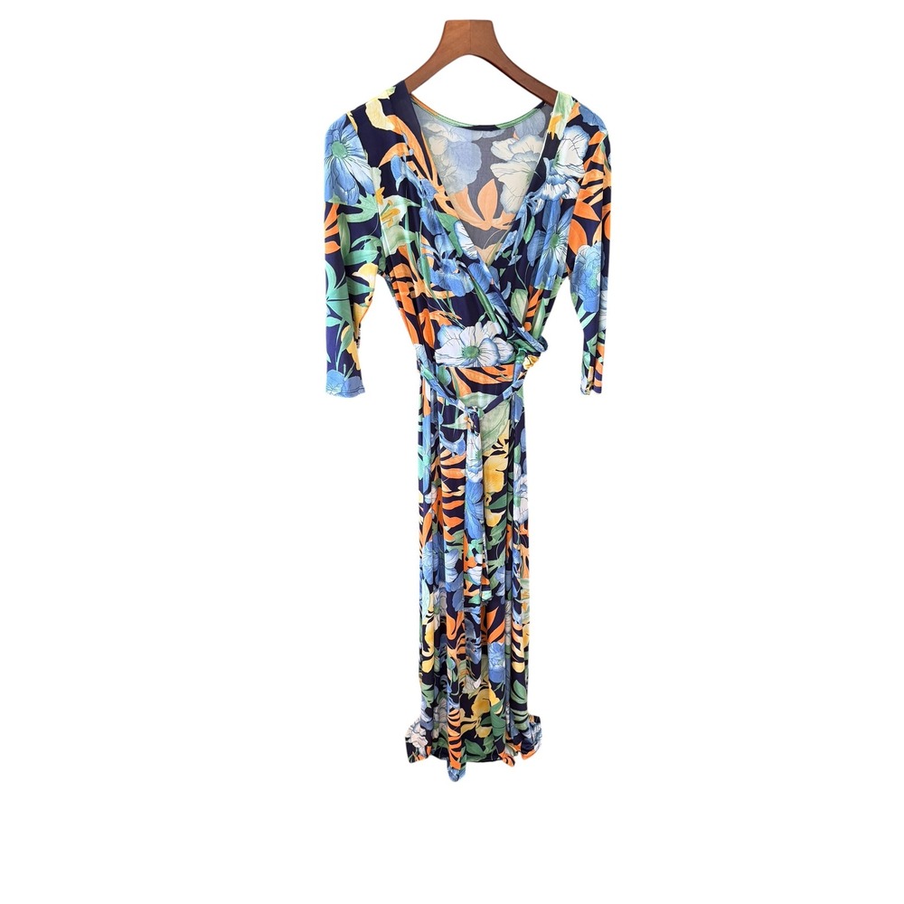 Floral‎ Wrap Maxi Dress Navy Blue Tropical Print V-Neck 3/4 Sleeve Summer Gown